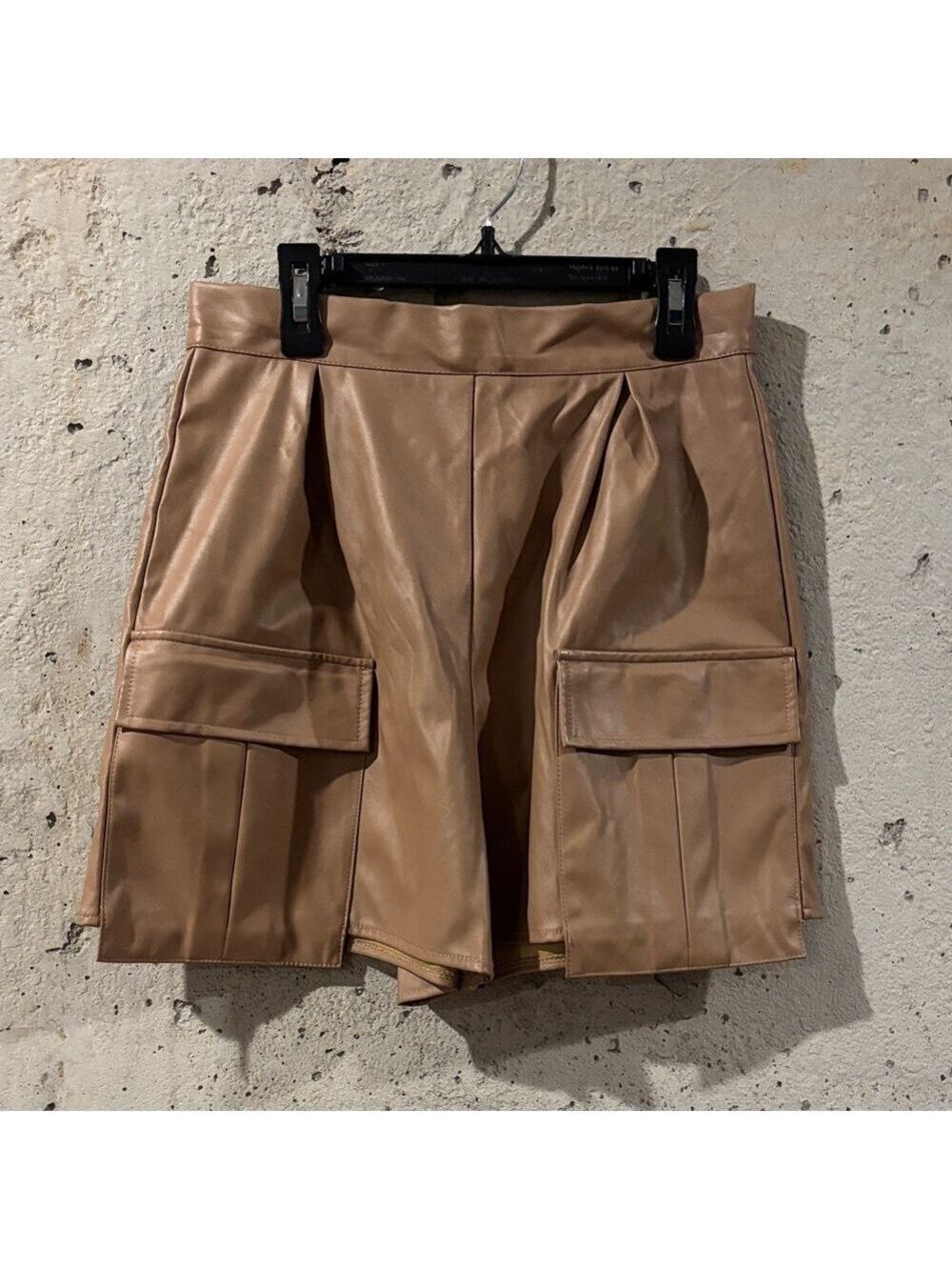 PrettyLittleThing Tan Faux Leather Camel Pocket Cargo Shorts -Size 10